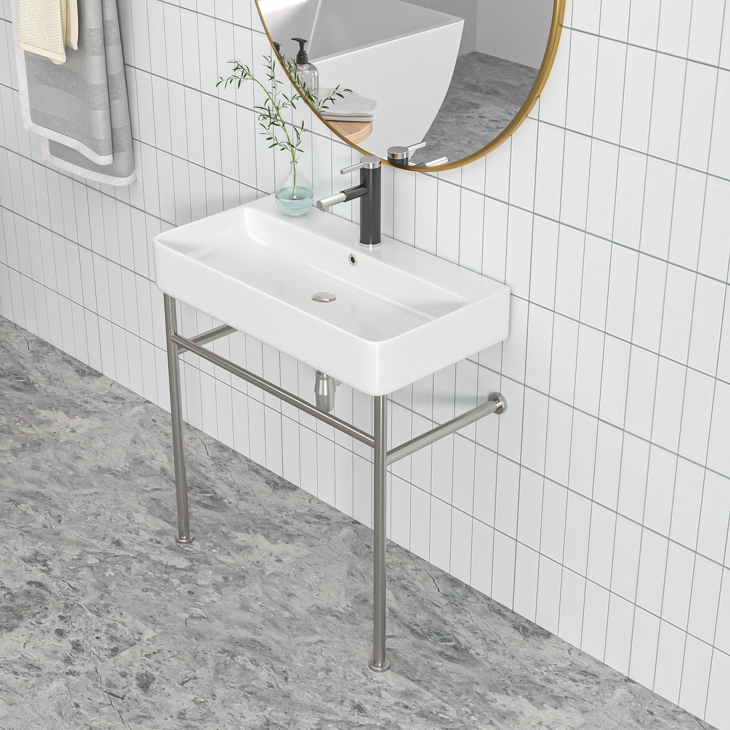 24\\\" Rectangular Bathroom Console Sink with Overflow,Wall Mounted Ceramic Console Sink White Basin with Steel Legs