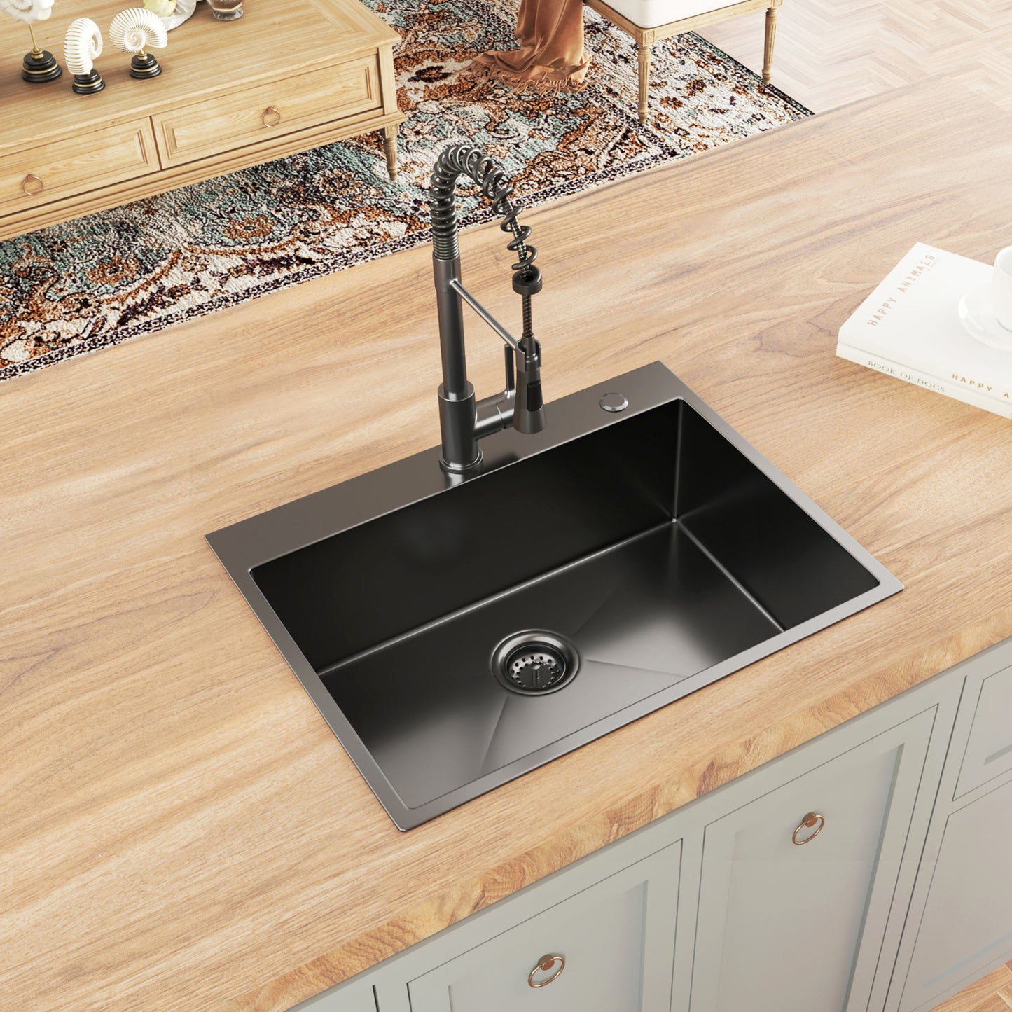 Aqucubic Gunmetal Black CUPC Handmade 304 Stainless Steel Topmount Kitchen Sink with Accessories and faucet