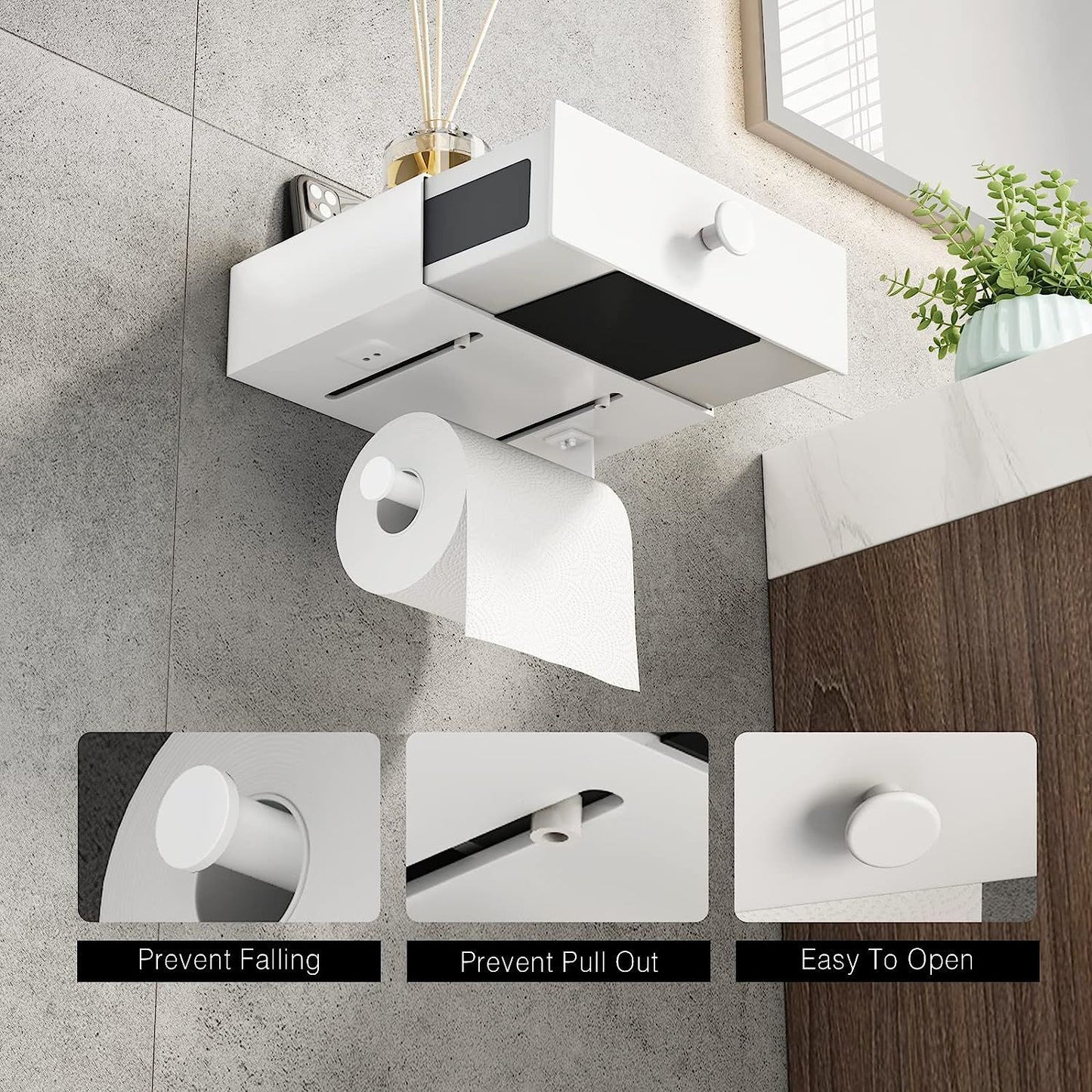 Toilet Paper Holder with Shelf Black Wipes Dispenser for Bathroom Stainless Steel Toilet Paper Holder with Storage Drawer Adhesive Wall Mount Small Bathroom