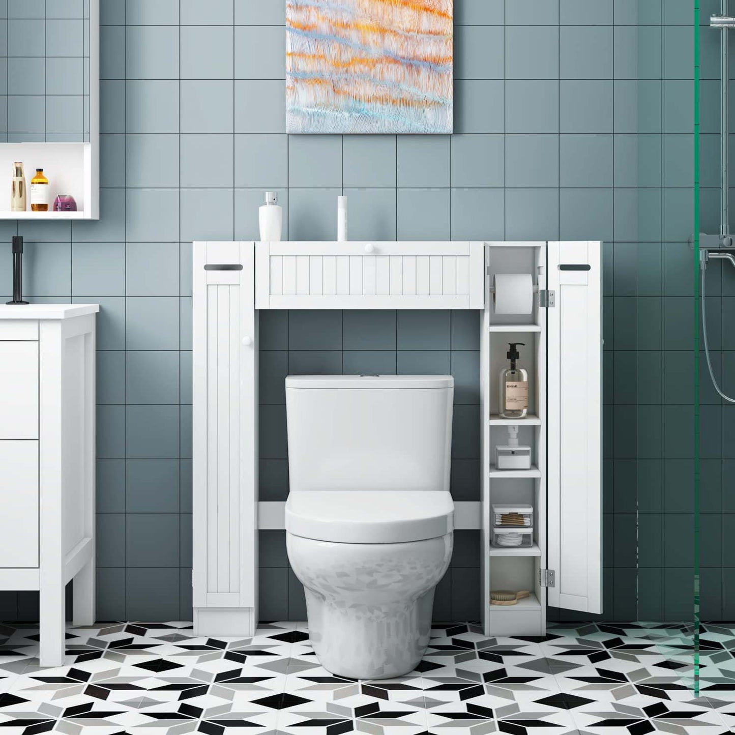 Over-The-Toilet Storage Cabinet with 2 Side Doors; Freestanding Toilet Cabinet Organizer with Adjustable Shelves & Paper Holder; Bathroom Space Saver with Pull-Down Door; Toilet Rack; White