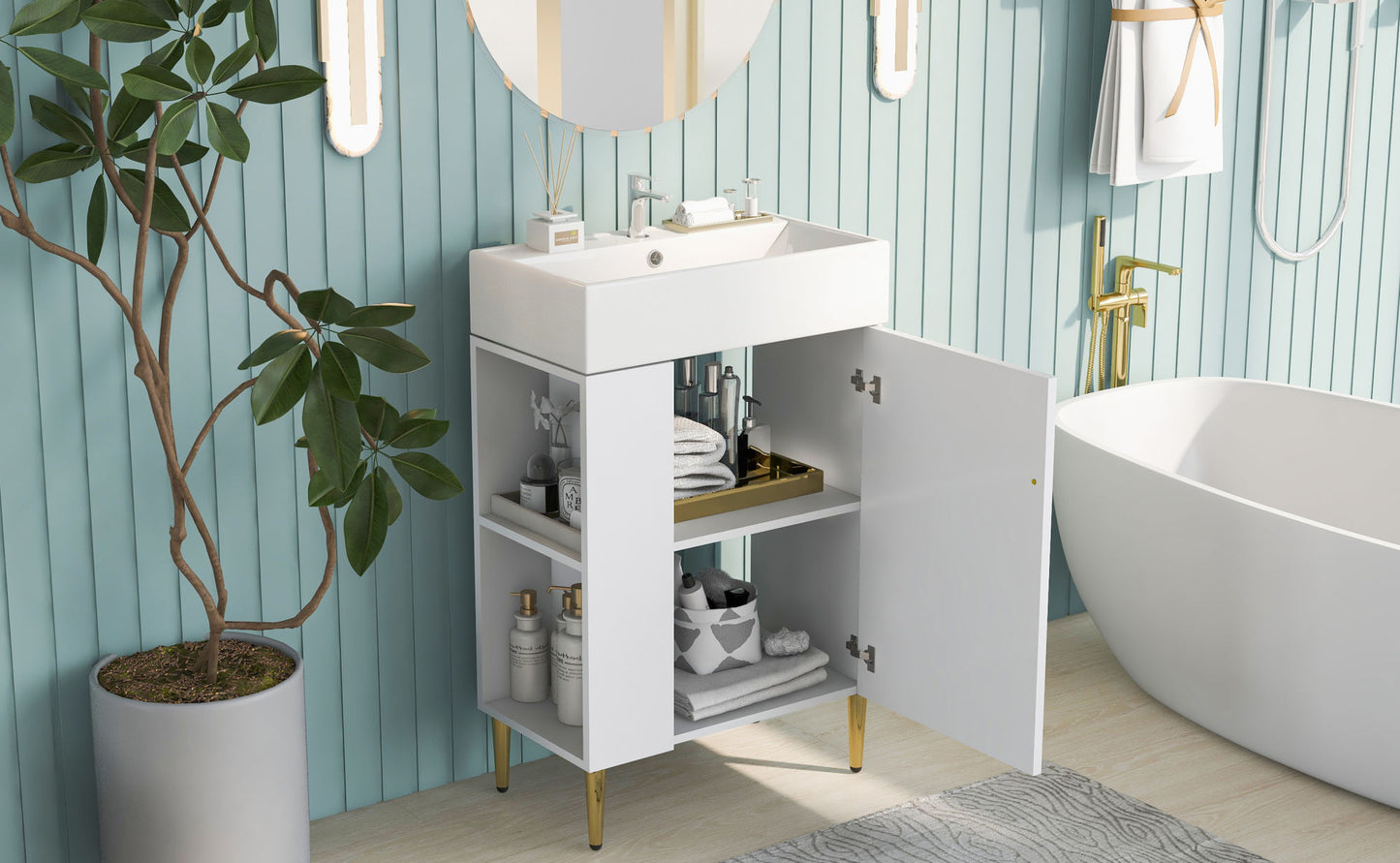 21.6" white Bathroom vanity ; Combo Cabinet ; Bathroom Storage Cabinet; Single Ceramic Vessel Sink; Left side storge