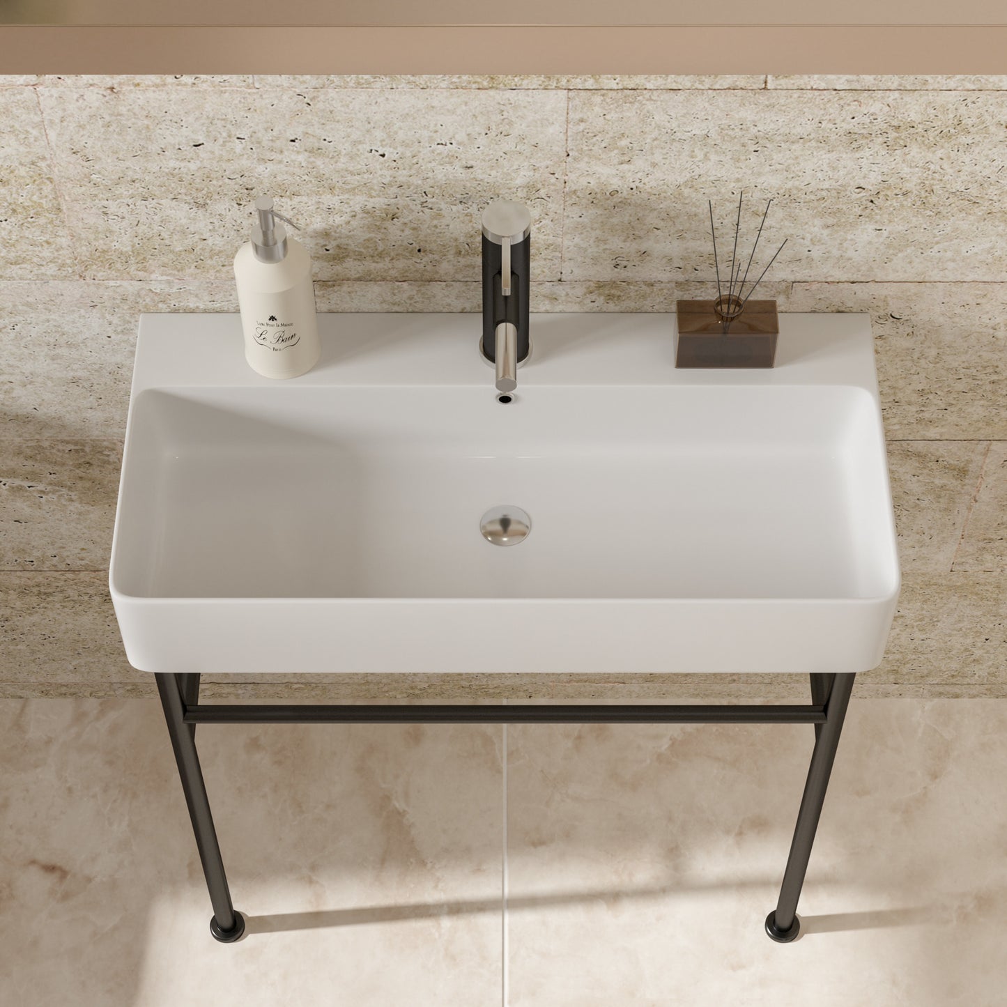 32" Bathroom Console Sink with Overflow,Ceramic Console Sink White Basin Black Legs