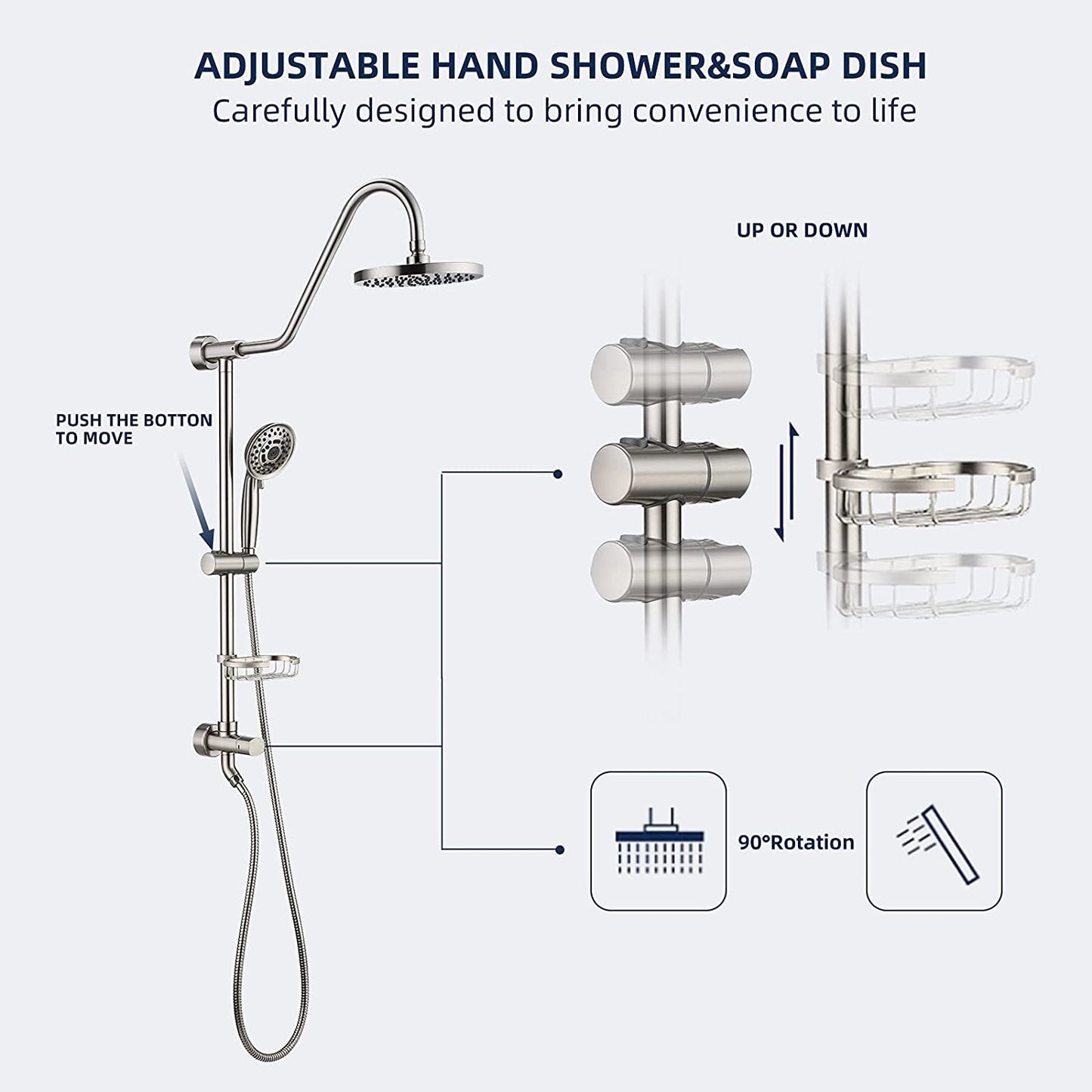 Shower System with Rain Showerhead, 5-Function Hand Shower, Adjustable Slide Bar and Soap Dish, Brushed Nickel Finish