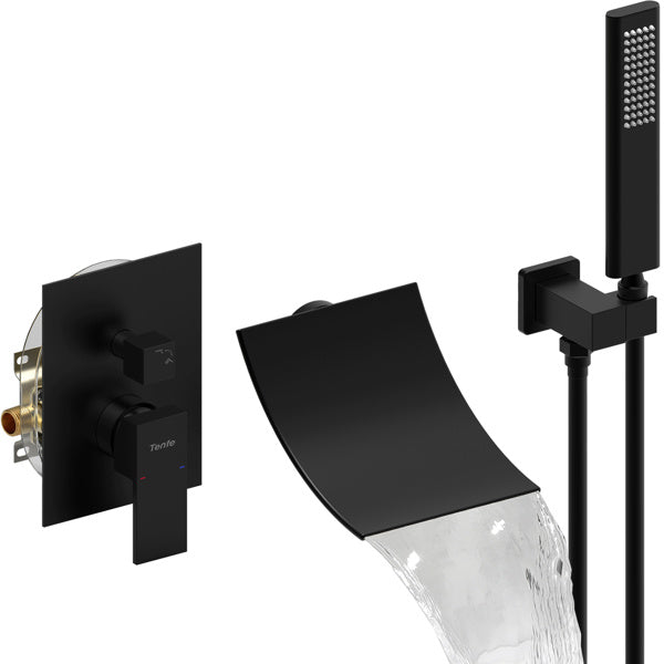 Male NPT Waterfall Shower head with Handheld, Matte Black Bathtub Shower Faucet with High Flow Wall Mount Tub Faucet, Single Handle Bathroom Tub Mixer Tap Hand Shower System with Curved Spout Commerci
