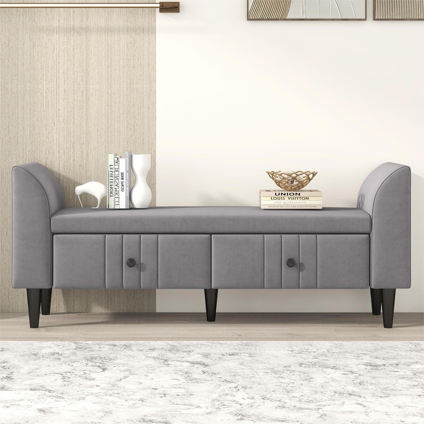 Upholstered Wooden Storage Ottoman Bench with 2 Drawers For Bedroom,Fully Assembled Except Legs and Handles,Gray