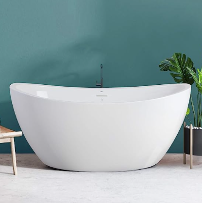 Freestanding Bathtub, Curve Edge Soaking Bathtub with Brushed Nickel Drain and Minimalist Linear Design Overflow, Easy to Install