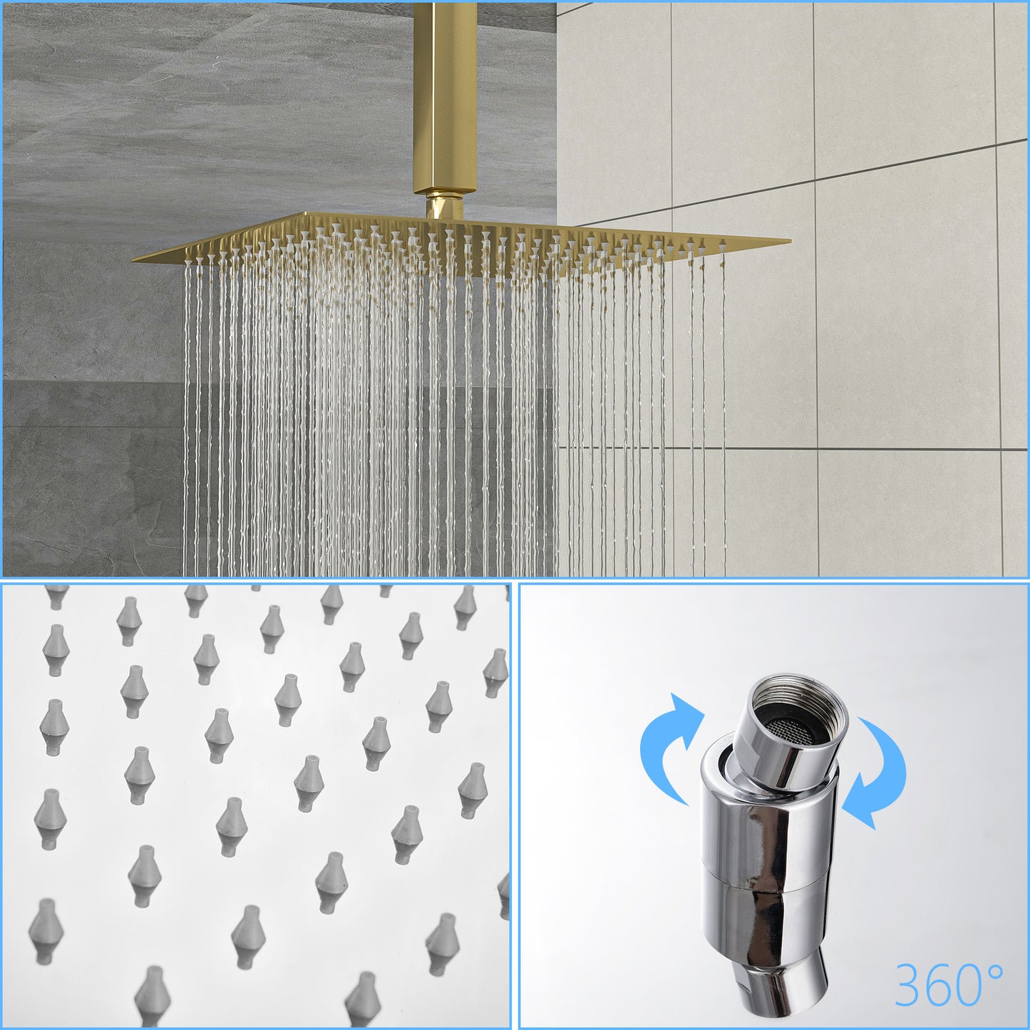 Dual Shower Head - 12 Inch Ceiling Mount Square Shower System with Rough-in Valve, Gold