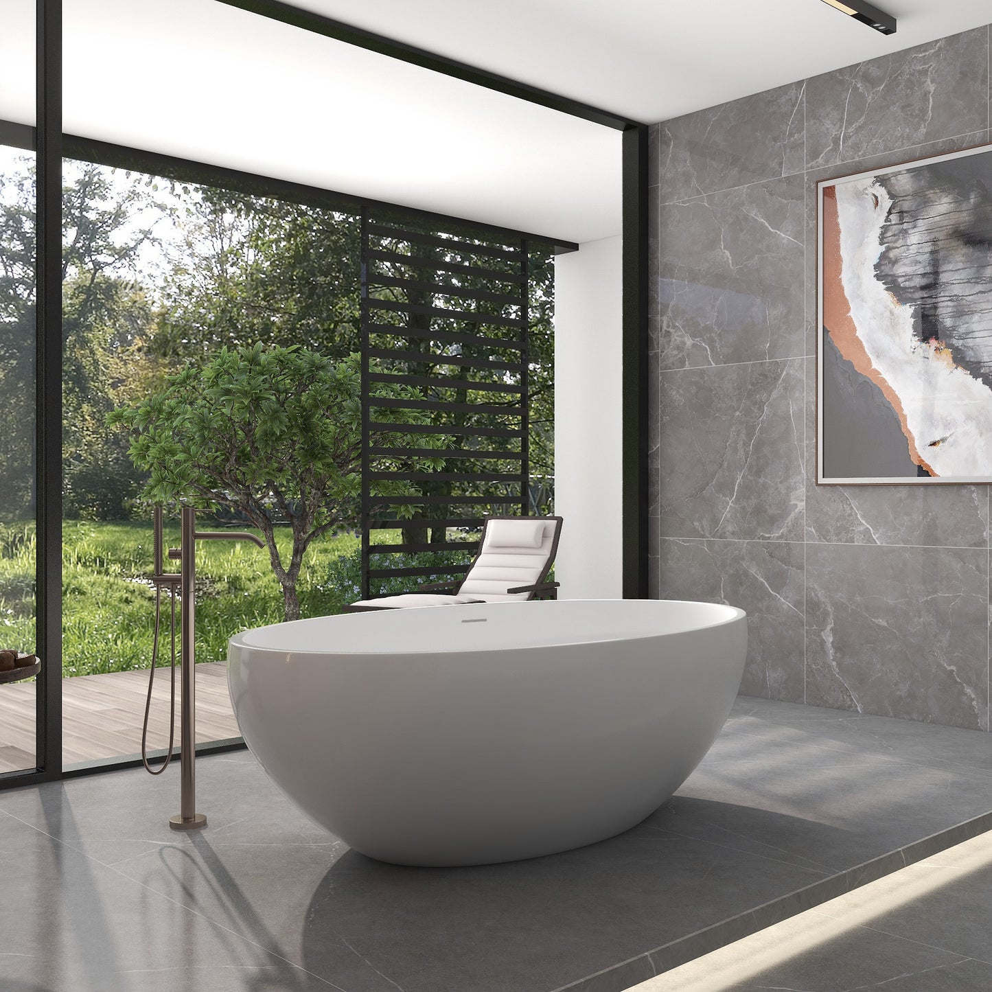 FRALIMK 67" x 39.4" x 22.05" Flat Bottom Oval Freestanding Resin Stone Bath;  Solid Surface Non-slip Matte White