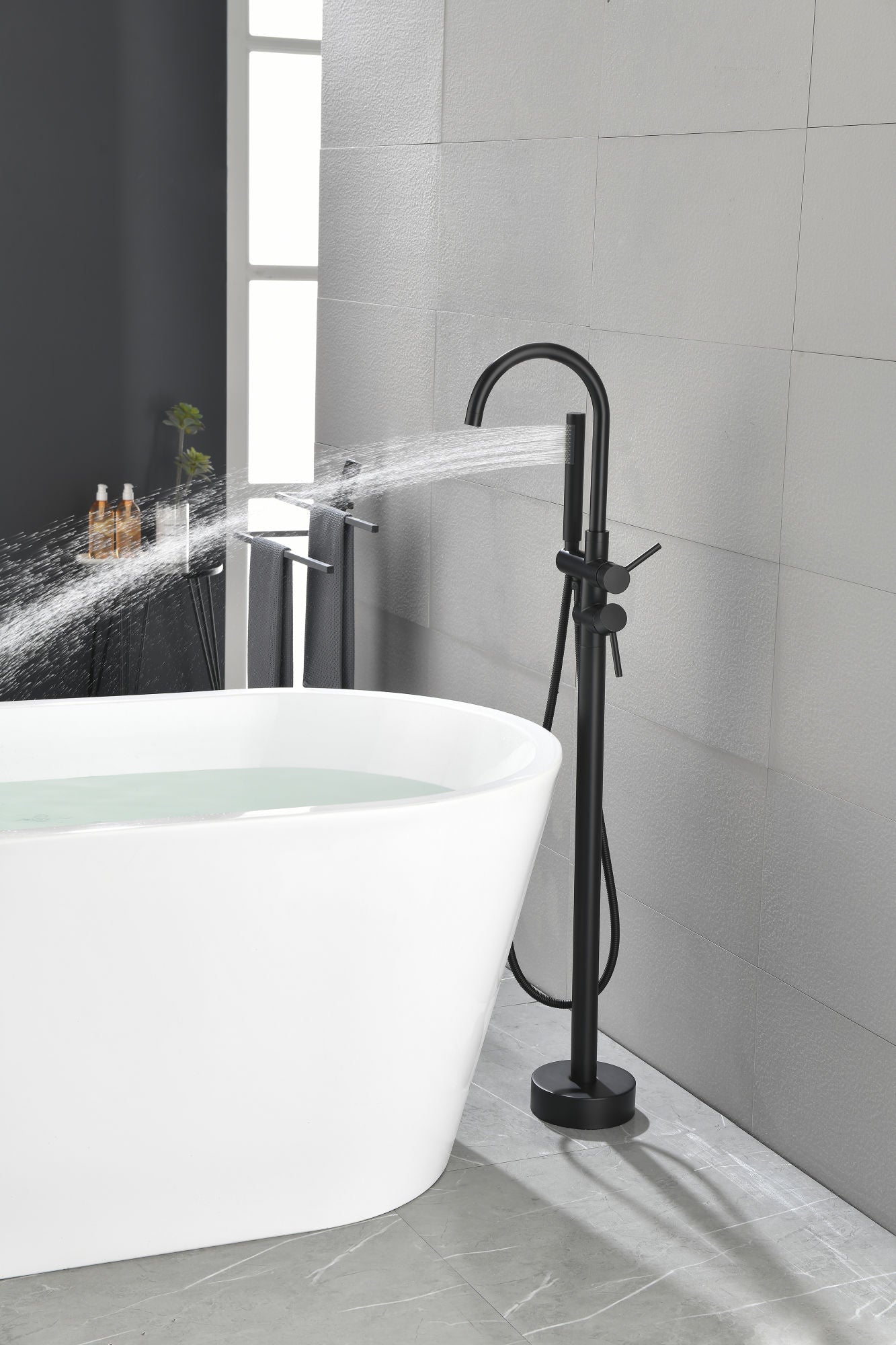 Mount Bathtub Faucet Freestanding Tub Filler Matte Black Standing High Flow Shower Faucets with Handheld Shower Mixer Taps Swivel Spout