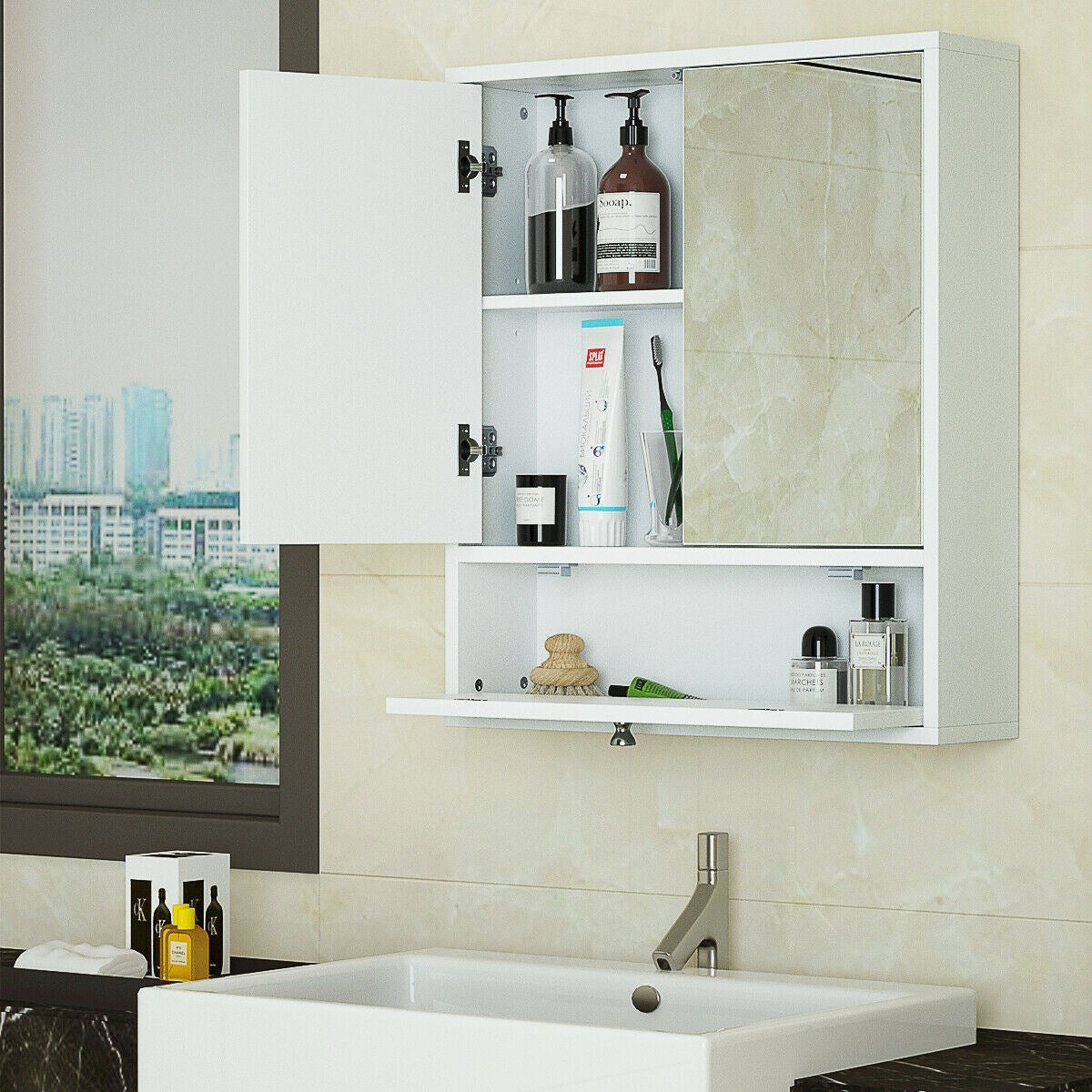 Bathroom Double Mirror Door Wall Mount Storage Wood Cabinet