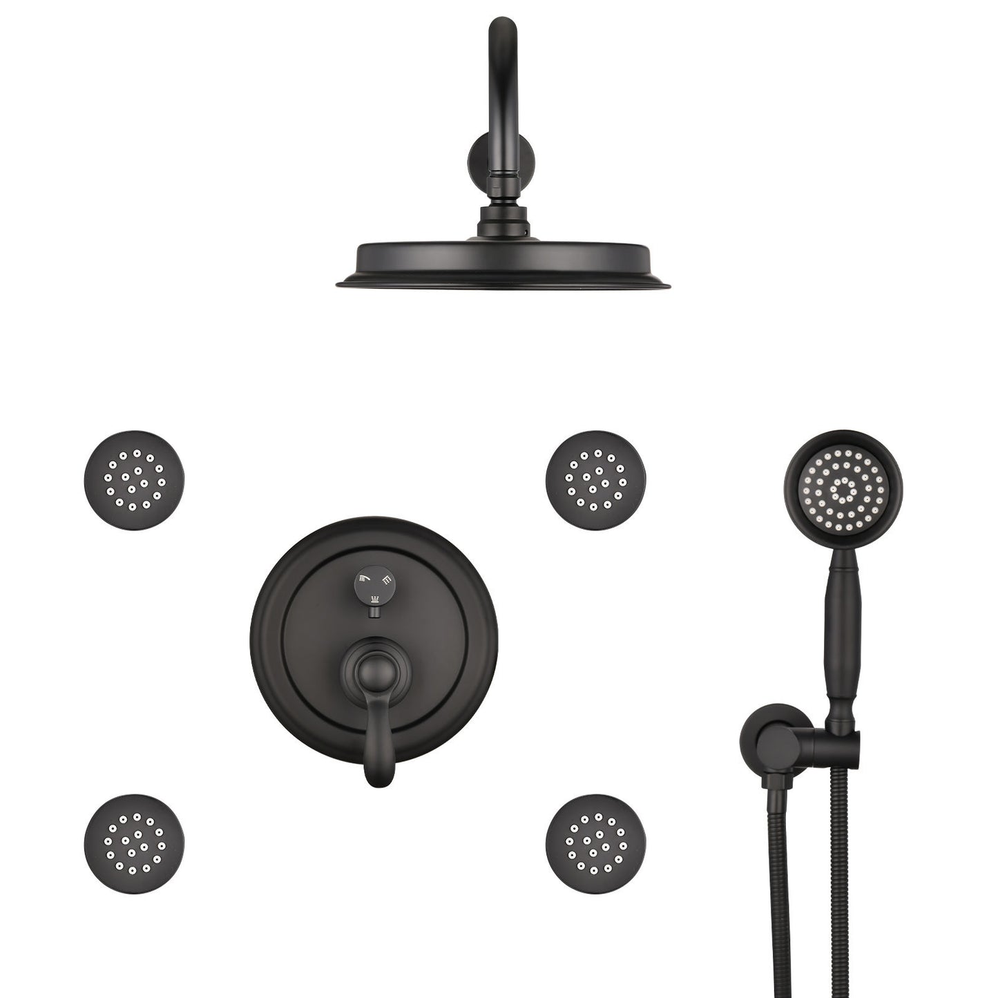 Single-Handle 4-Spray Patterns Bathroom Rain Shower Faucet with Body Jet Handshower in Matte Black (Valve Included)