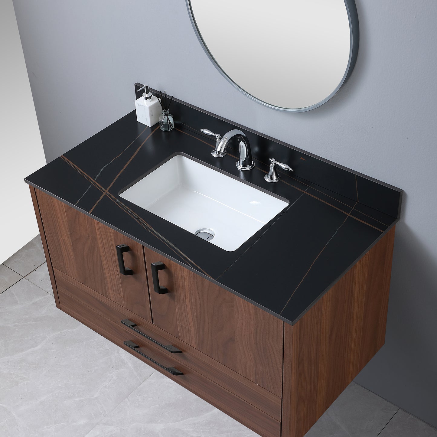 43inch bathroom stone vanity top black gold/stone carrara gold color with undermount ceramic sink and three faucet hole with backsplash