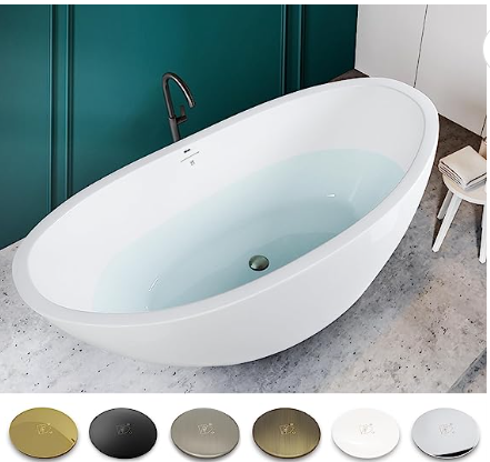 Freestanding Bathtub, Curve Edge Soaking Bathtub with Brushed Nickel Drain and Minimalist Linear Design Overflow, Easy to Install