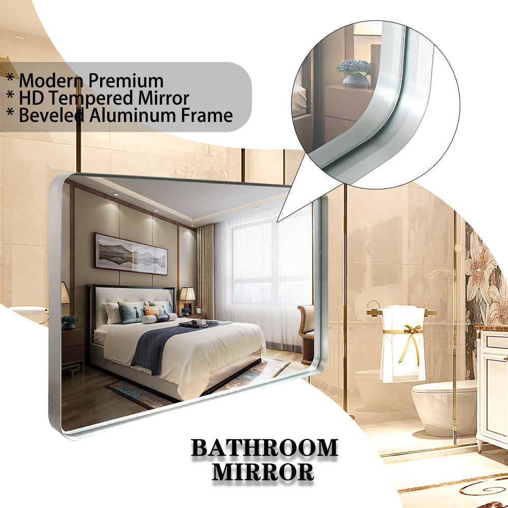 30x20inch Glossy Brushed Silver Rounded Corner Rectangle Bathroom Mirror For Wall Metal Frame Deep Set Design Hangs Wall Mounted Bathroom Mirror(Horizontal & Vertical)