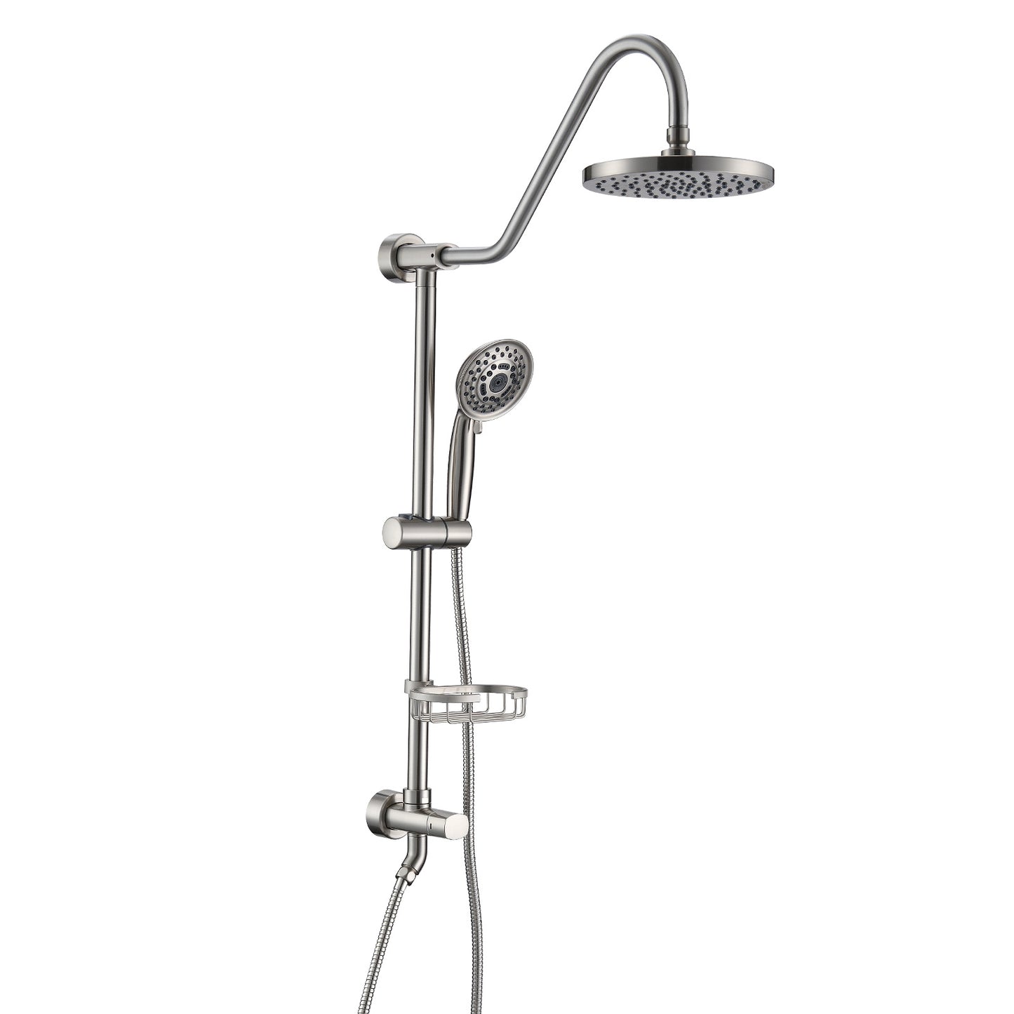 8 inch Wall Mount Dual Shower Heads with Soap Dish in Brushed Nickel, 5-Function Hand Shower