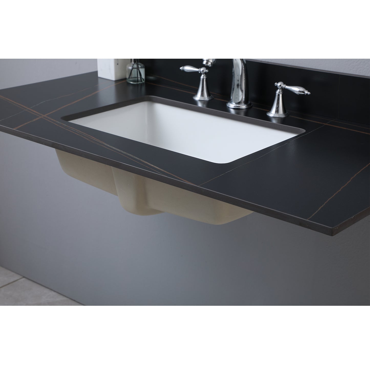 43inch bathroom stone vanity top black gold/stone carrara gold color with undermount ceramic sink and three faucet hole with backsplash