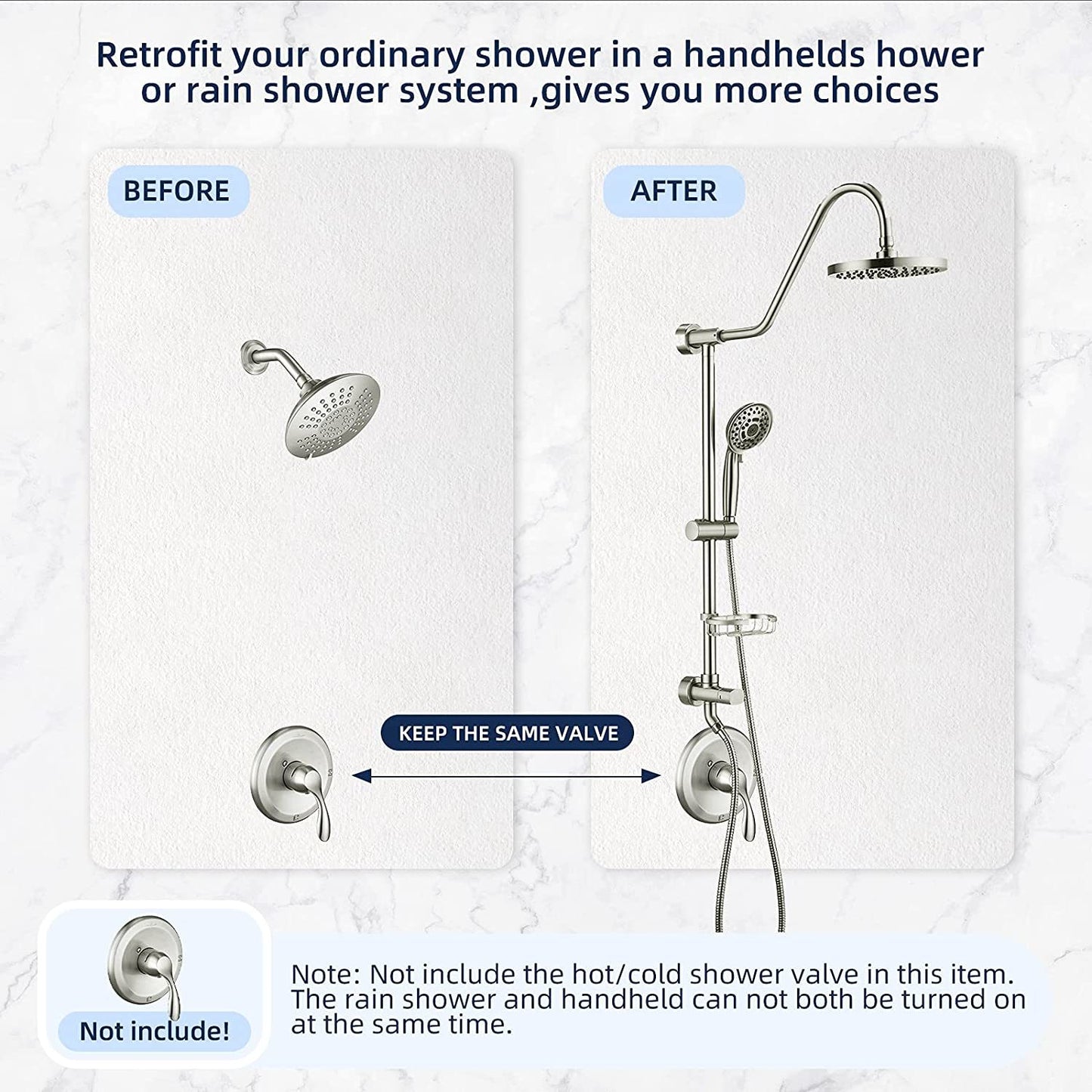 8 inch Wall Mount Dual Shower Heads with Soap Dish in Brushed Nickel, 5-Function Hand Shower