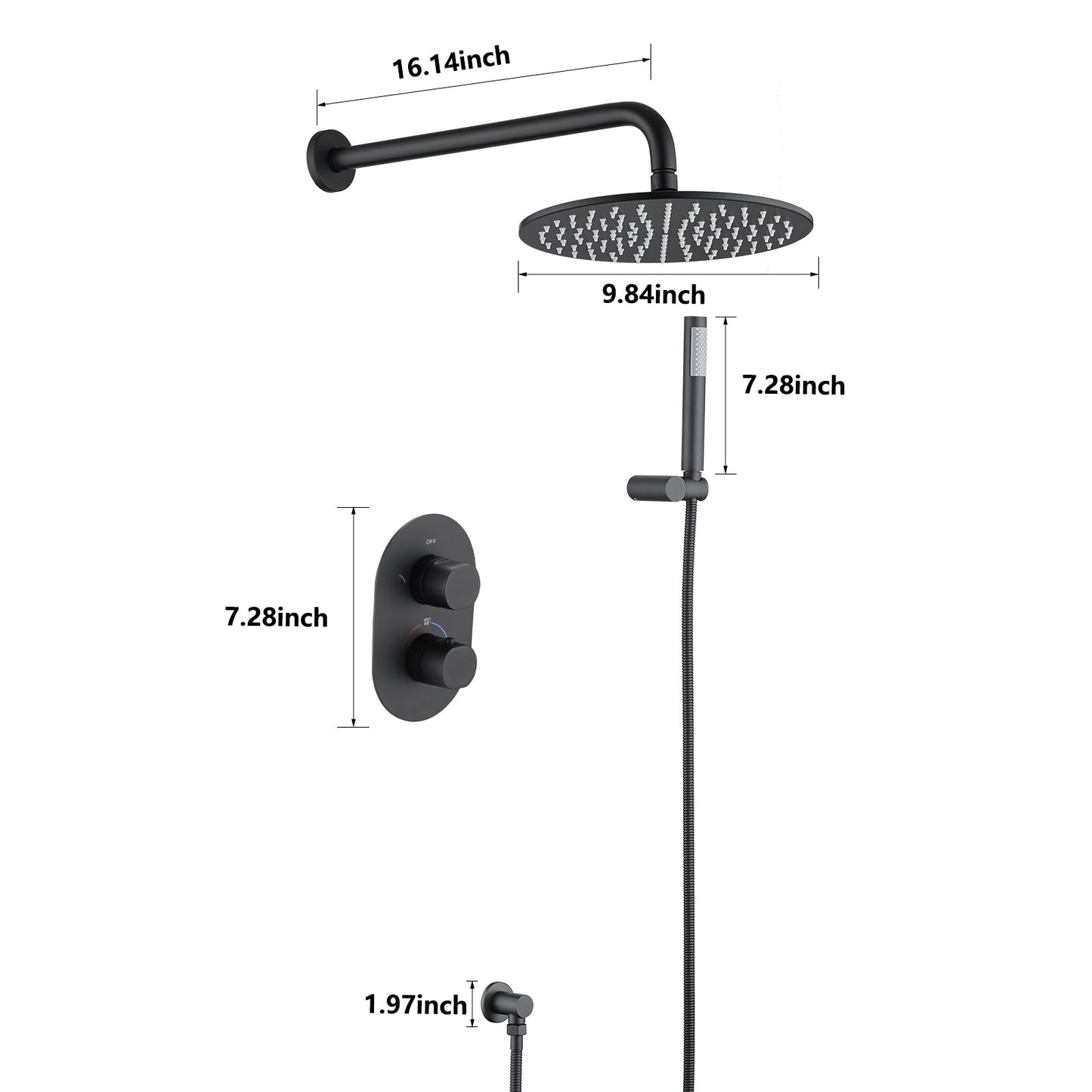 10" Rainfall Shower Head Thermostatic Complete Shower System Matte Black