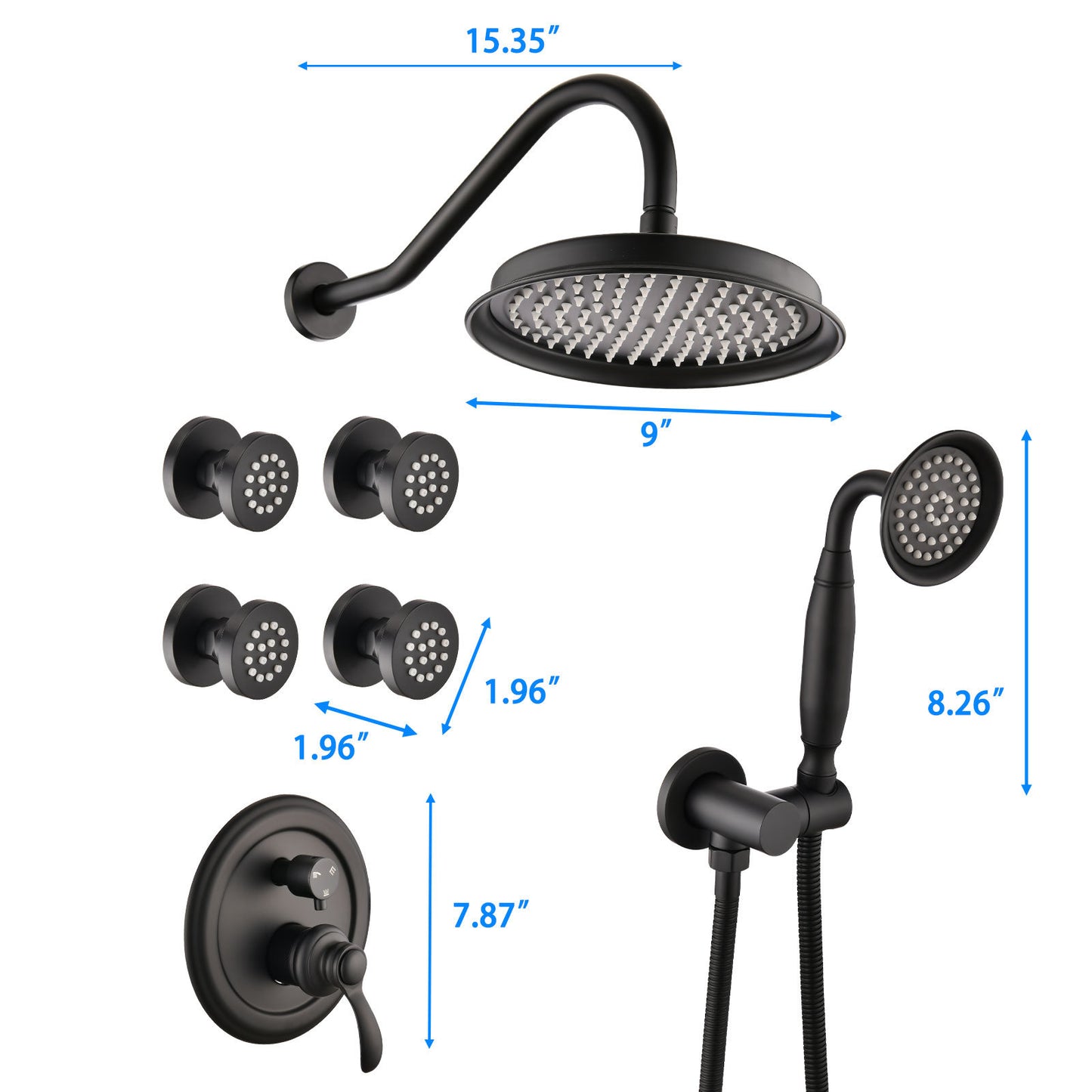 Single-Handle 4-Spray Patterns Bathroom Rain Shower Faucet with Body Jet Handshower in Matte Black (Valve Included)