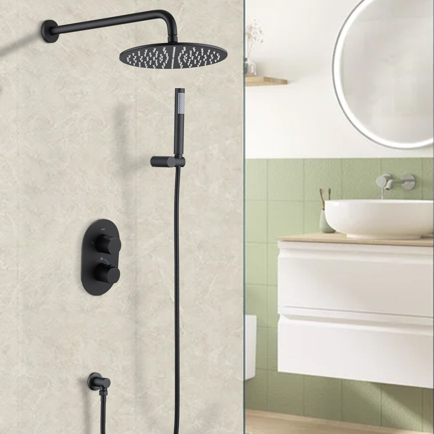 10" Rainfall Shower Head Thermostatic Complete Shower System Matte Black