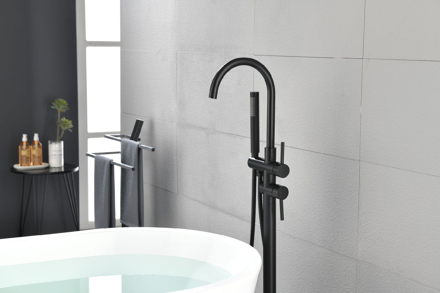 Mount Bathtub Faucet Freestanding Tub Filler Matte Black Standing High Flow Shower Faucets with Handheld Shower Mixer Taps Swivel Spout