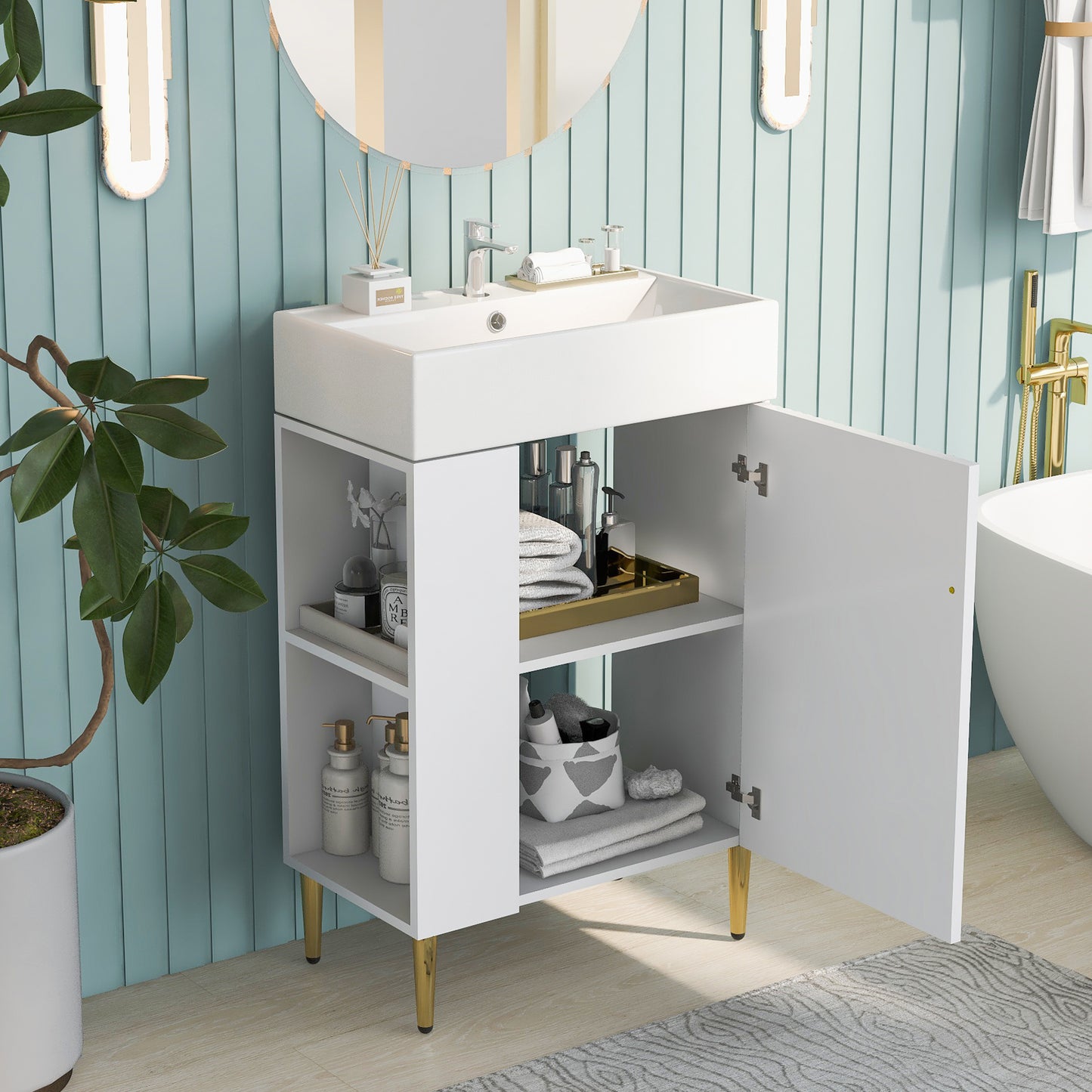 21.6" white Bathroom vanity ; Combo Cabinet ; Bathroom Storage Cabinet; Single Ceramic Vessel Sink; Left side storge