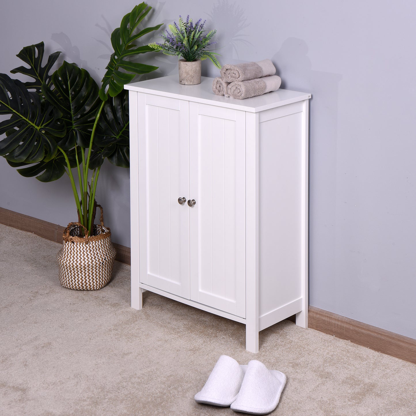 Bathroom Floor Storage Cabinet with Double Door Adjustable Shelf; White