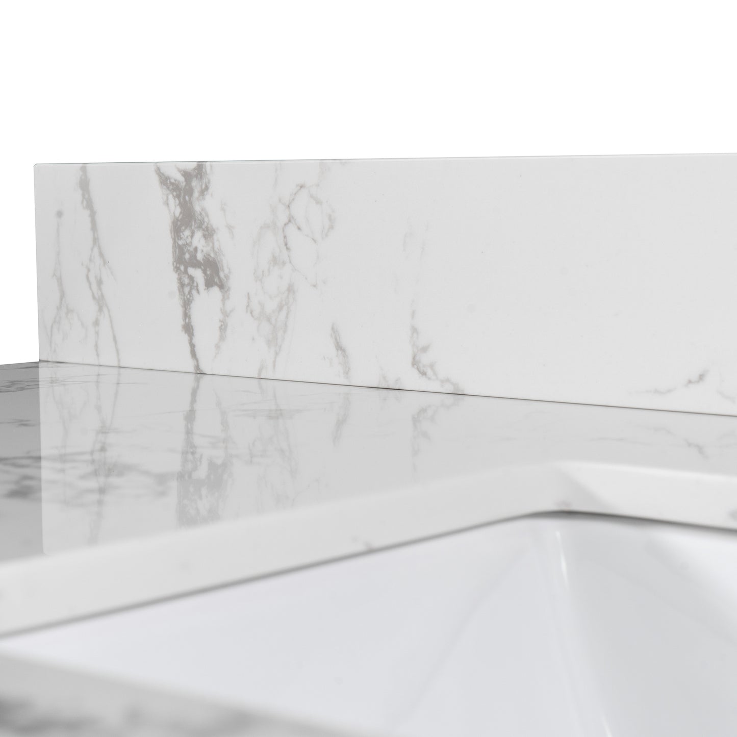 43''x22" bathroom stone vanity top engineered stone carrara white marble color with rectangle undermount ceramic sink and single faucet hole with back splash .