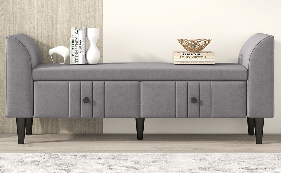 Upholstered Wooden Storage Ottoman Bench with 2 Drawers For Bedroom,Fully Assembled Except Legs and Handles,Gray