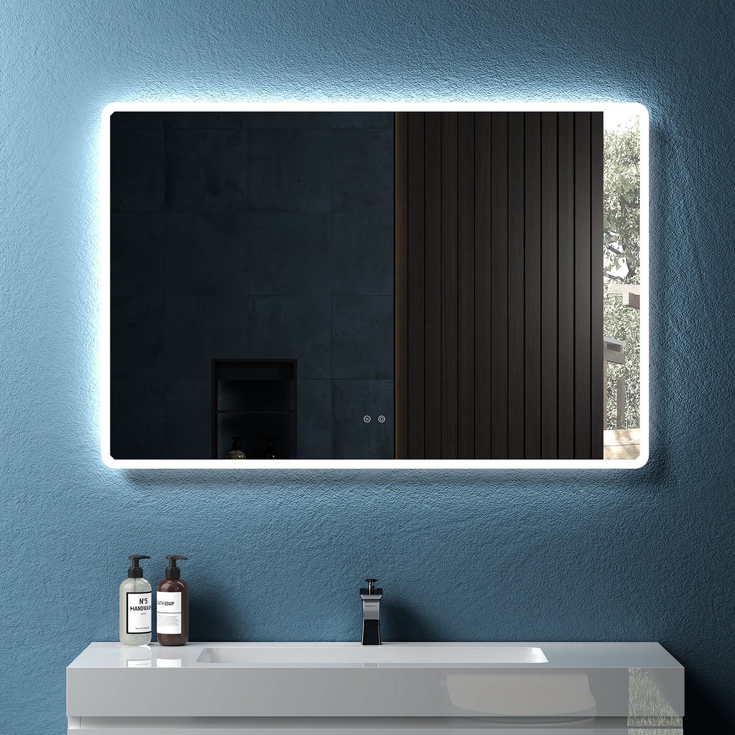 48" W x 32" H Modern Wall Mounted LED Backlit Anti-Fog Rounded Rectangular Bathroom Mirror with Temperature Adjustable and Memory Function Touch Switch