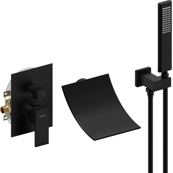 Male NPT Waterfall Shower head with Handheld, Matte Black Bathtub Shower Faucet with High Flow Wall Mount Tub Faucet, Single Handle Bathroom Tub Mixer Tap Hand Shower System with Curved Spout Commerci