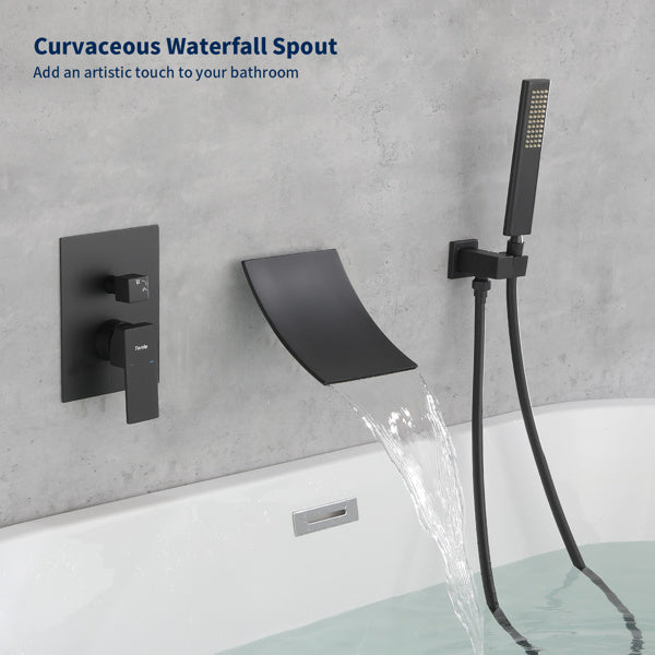 Male NPT Waterfall Shower head with Handheld, Matte Black Bathtub Shower Faucet with High Flow Wall Mount Tub Faucet, Single Handle Bathroom Tub Mixer Tap Hand Shower System with Curved Spout Commerci