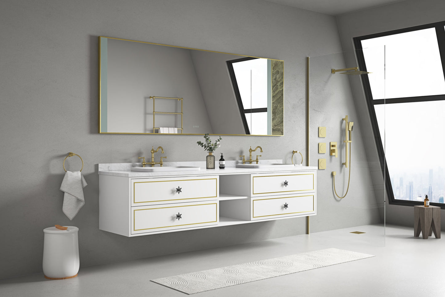 96*23*21inWall Hung Doulble Sink Bath Vanity Cabinet Only in Bathroom Vanities without Tops