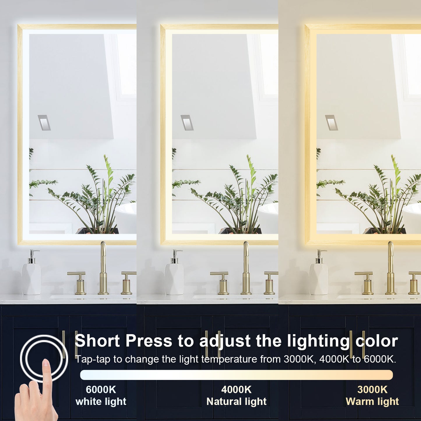 4 Size LED Bathroom Mirror;  Backlit and Front Lighted Mirror for Bathroom;  Wall Mounted Bathroom Vanity Framed Mirror Includes Dimmer;  ; Defogger;  Vertical / Horizontal