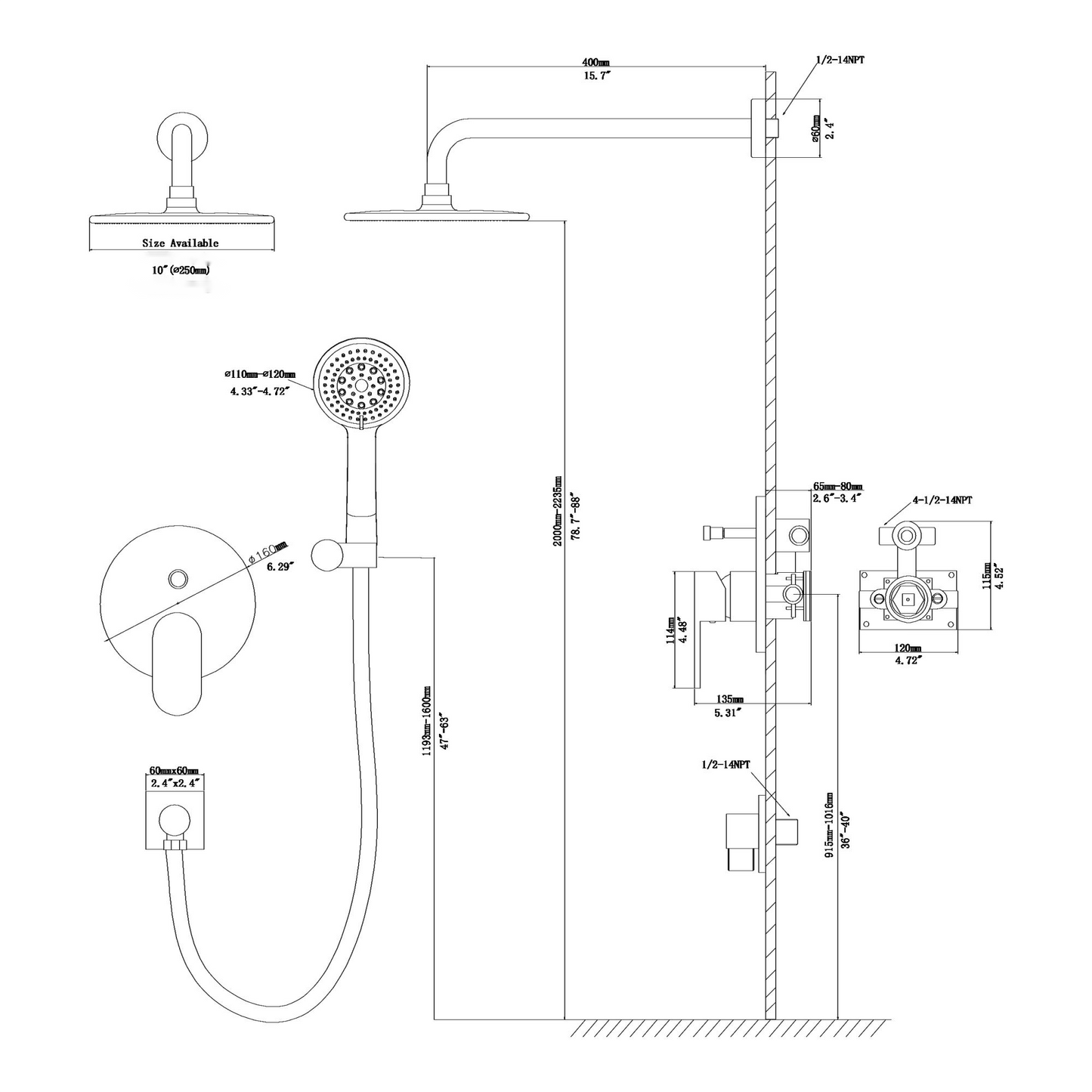 10" Rain Shower Head Systems, Dual Shower Heads, Gold,Wall Mounted shower