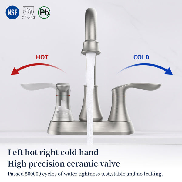 Bathroom Faucet Brushed Nickel with Pop-up Drain & Supply Hoses Two-Handle 360 Degree High Arc Swivel Spout Centerset 4 Inch Vanity Sink Faucet 4011B-NP