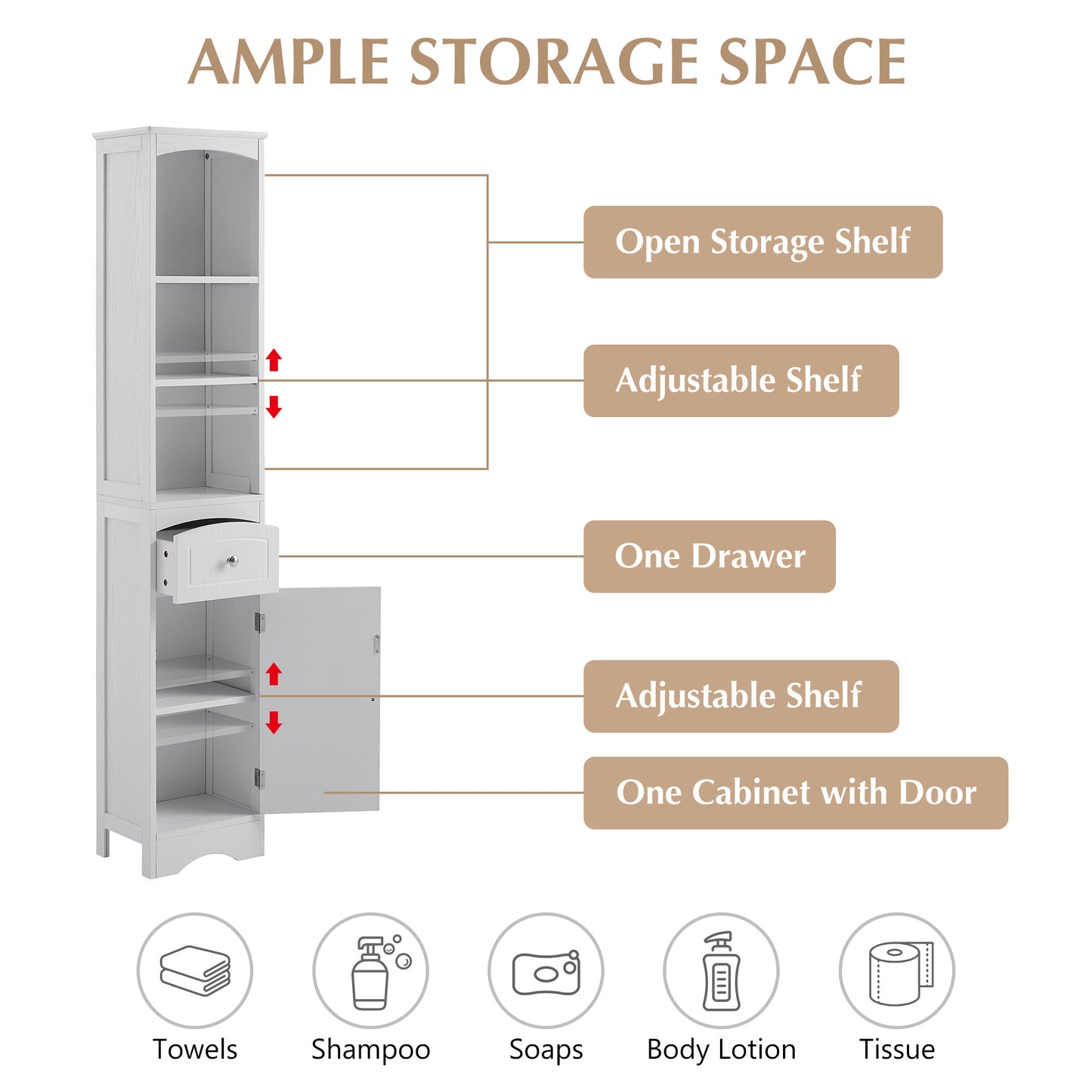 Tall Bathroom Cabinet;  Freestanding Storage Cabinet with Drawer;  MDF Board;  Adjustable Shelf