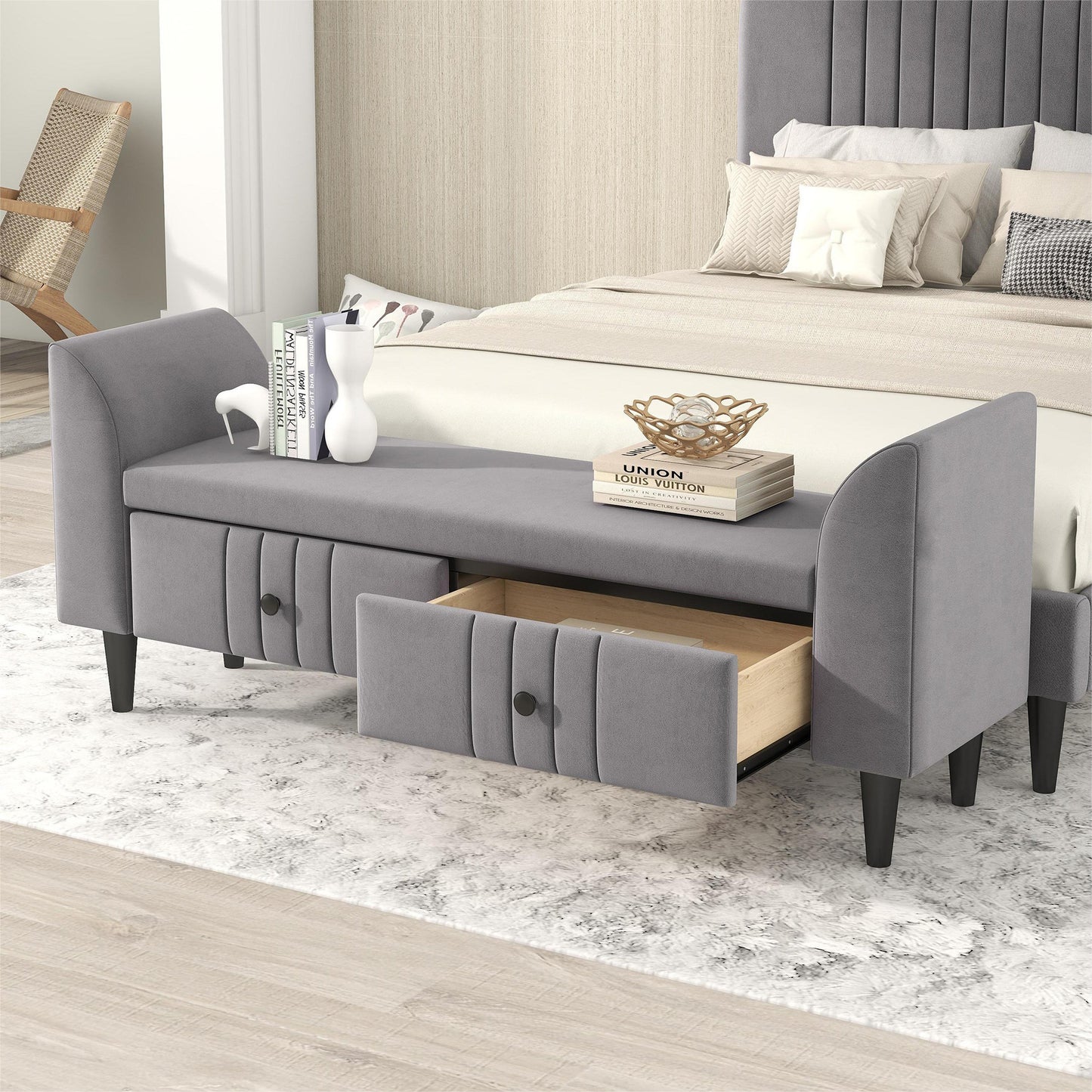 Upholstered Wooden Storage Ottoman Bench with 2 Drawers For Bedroom,Fully Assembled Except Legs and Handles,Gray