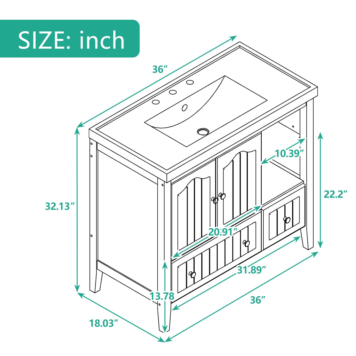 36" Bathroom Vanity Base Only, Solid Wood Frame and MDF Boards, White