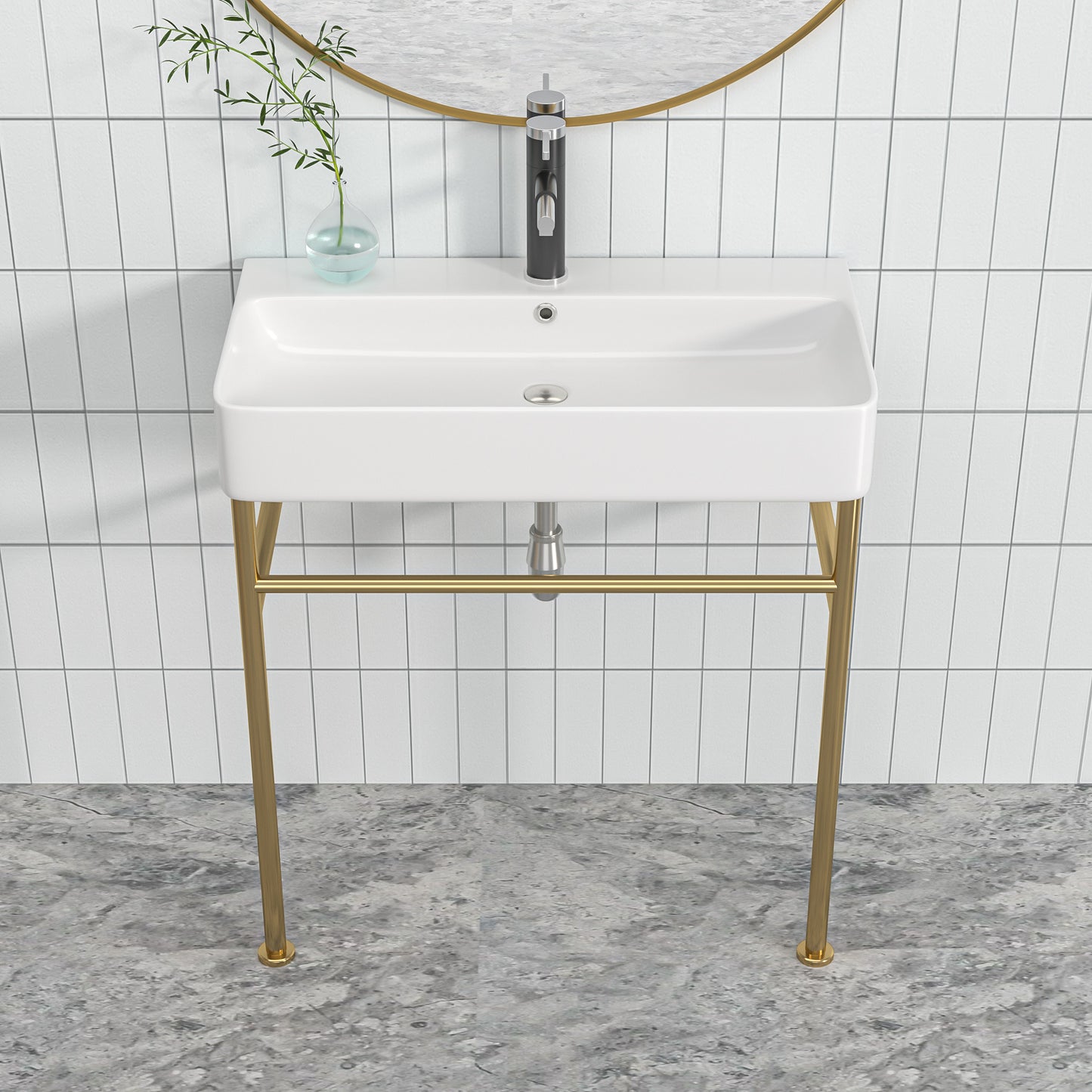 24\\\" Rectangular Bathroom Console Sink with Overflow,Wall Mounted Ceramic Console Sink White Basin with Steel Legs