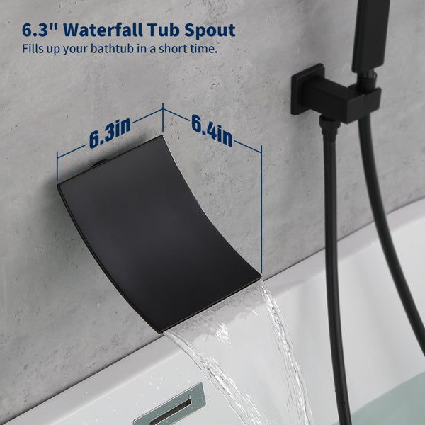 Male NPT Waterfall Shower head with Handheld, Matte Black Bathtub Shower Faucet with High Flow Wall Mount Tub Faucet, Single Handle Bathroom Tub Mixer Tap Hand Shower System with Curved Spout Commerci