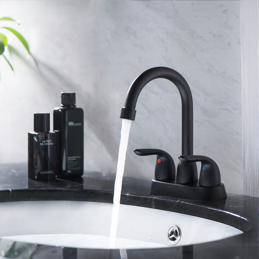 4 Inch 2 Handle Centerset Bathroom Faucet,with Pop up Drain and 2 Water Supply Lines,Matte Black