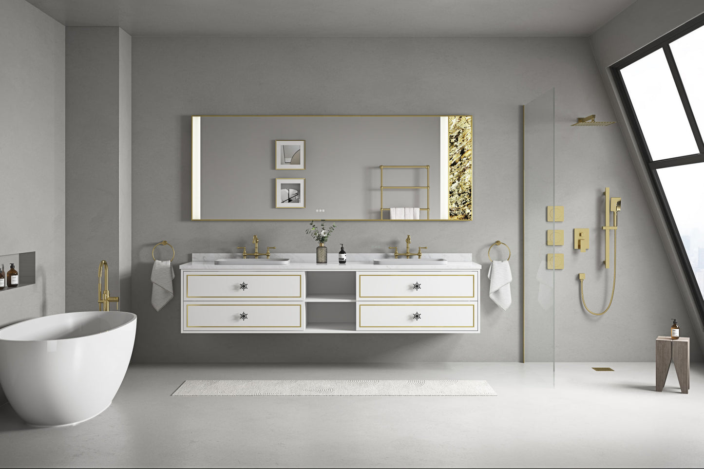 96*23*21inWall Hung Doulble Sink Bath Vanity Cabinet Only in Bathroom Vanities without Tops