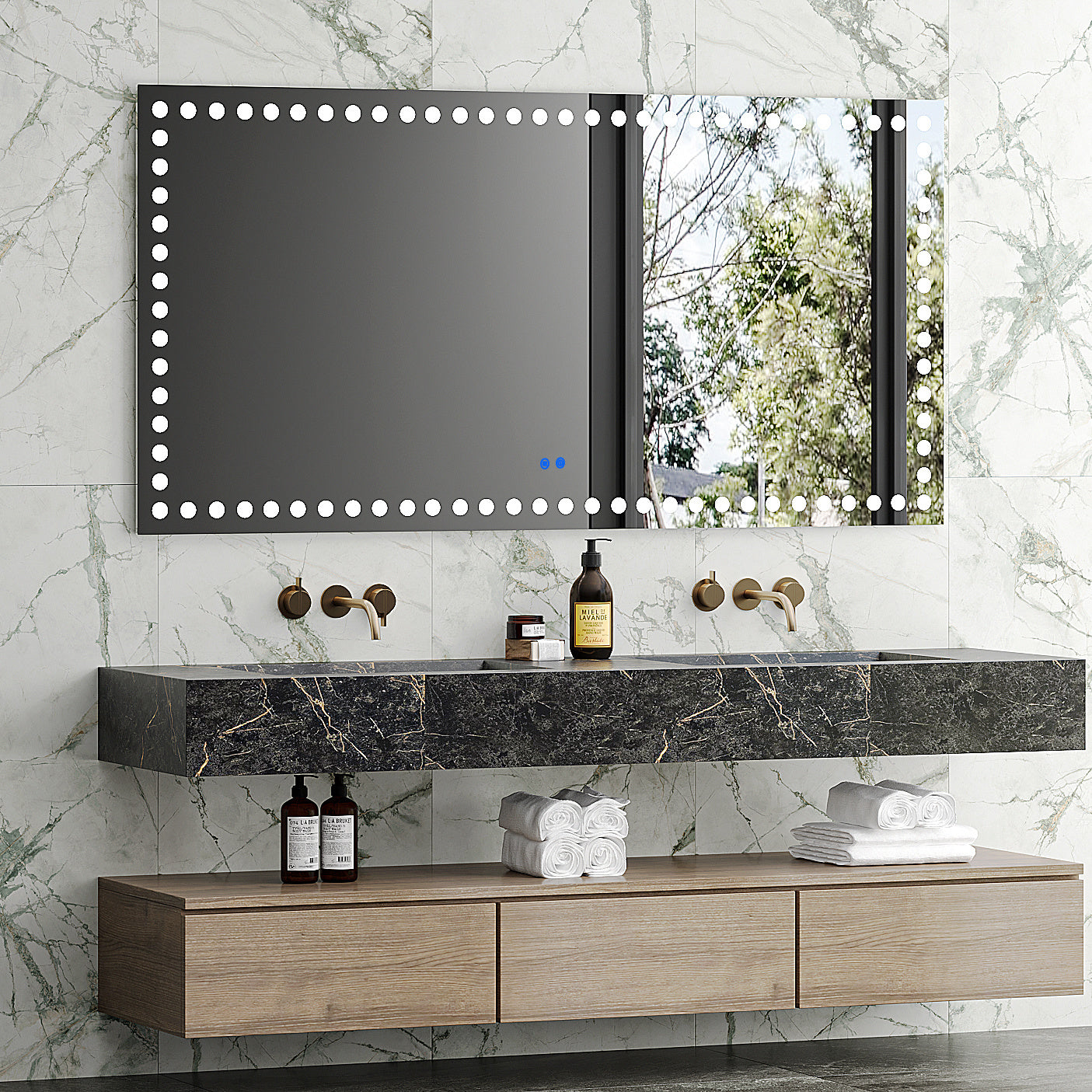 72X36 Inch Led-Lit Bathroom Mirror, Wall Mounted Anti-Fog Memory Rectangular Vanity Mirror With Tri-White Front Circular Light And Touch Sensor Dimmer Switch