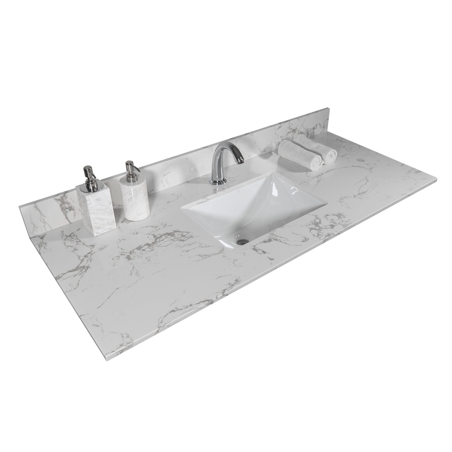 43''x22" bathroom stone vanity top engineered stone carrara white marble color with rectangle undermount ceramic sink and single faucet hole with back splash .