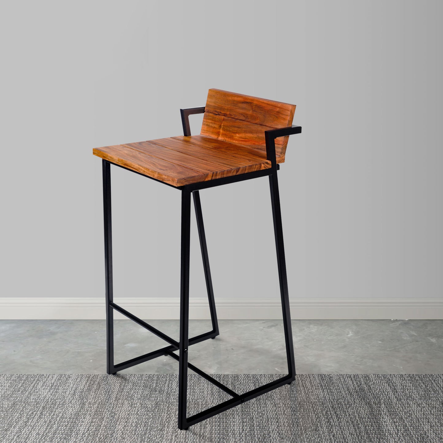 35 Inch Industrial Style Acacia Wood Barstool with Metal Frame, Brown and Black