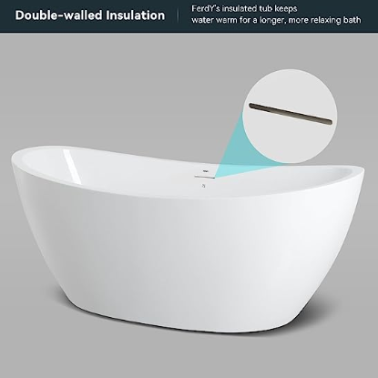 Freestanding Bathtub, Curve Edge Soaking Bathtub with Brushed Nickel Drain and Minimalist Linear Design Overflow, Easy to Install