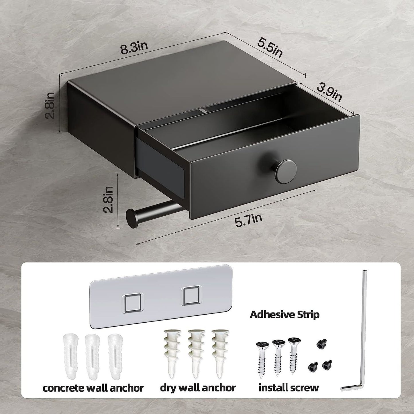 Toilet Paper Holder with Shelf Black Wipes Dispenser for Bathroom Stainless Steel Toilet Paper Holder with Storage Drawer Adhesive Wall Mount Small Bathroom