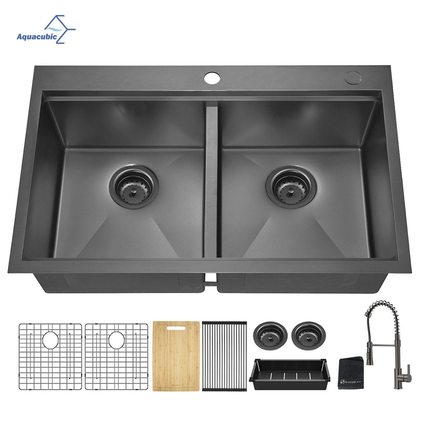 Aqucubic Gunmetal Black CUPC Handmade 304 Stainless Steel Topmount Kitchen Sink with Accessories and faucet