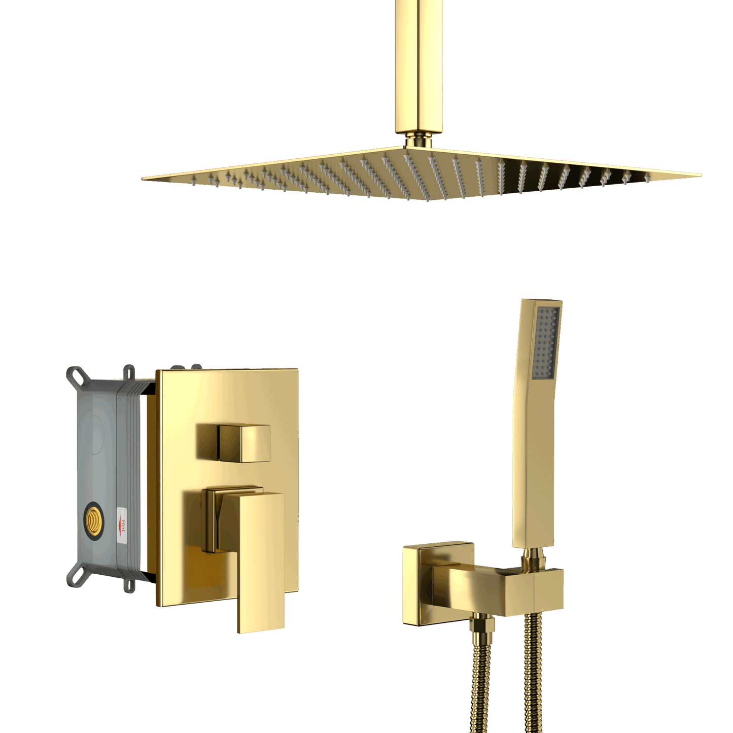 Dual Shower Head - 12 Inch Ceiling Mount Square Shower System with Rough-in Valve, Gold